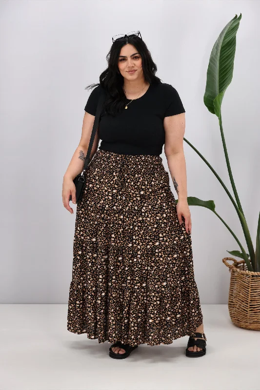 Women's Peplum Maxi Dress-New U Collection Leopard Tan Black Maxi Skirt
