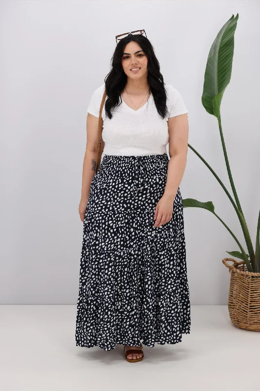 Women's Belted Sleeve Maxi Dress-New U Collection Navy White Spot Maxi Skirt