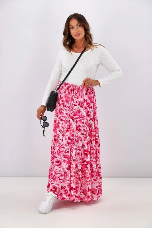 Women's Double Split Maxi Dress-New U Collection Pink Floral Maxi Skirt