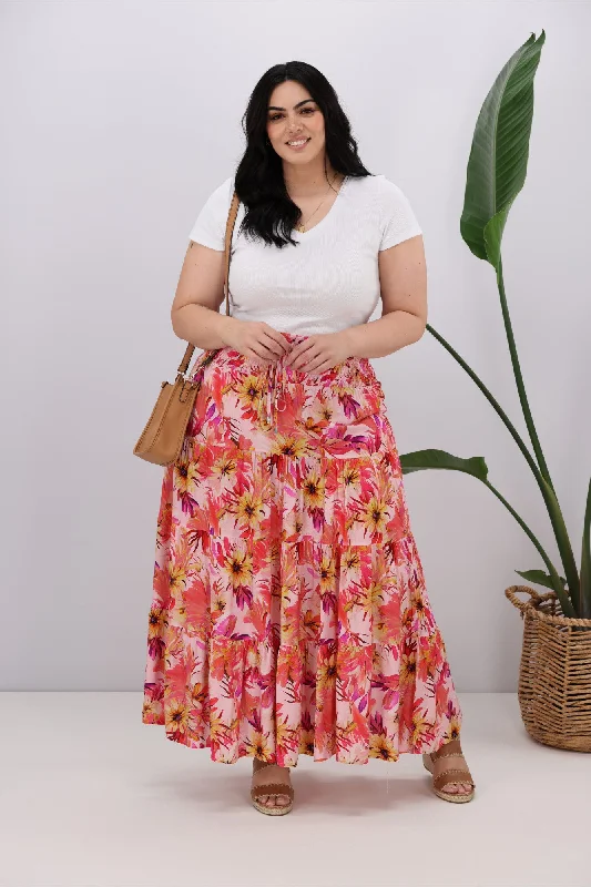 Women's Tailored Maxi Dress-New U Collection Pink Garden Floral Maxi Skirt