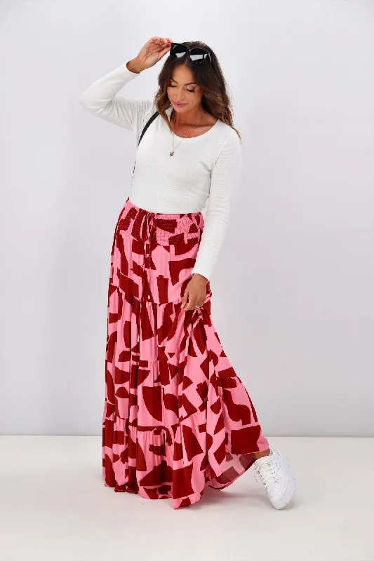 Women's High-neck Maxi Dress-New U Collection Pink Geo Print Maxi Skirt
