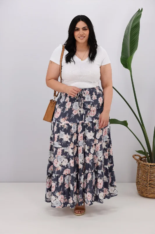 Women's Long-sleeve Boho Maxi Dress-New U Collection Vintage Floral Navy Maxi Skirt