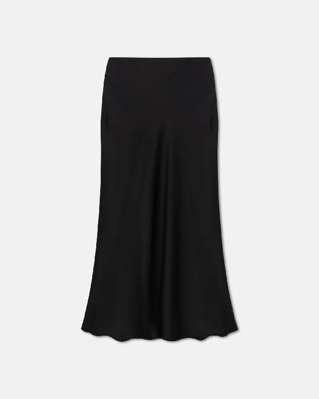 Women's Open Back Midi Dress-Razi - Slip Satin Midi Skirt - Black