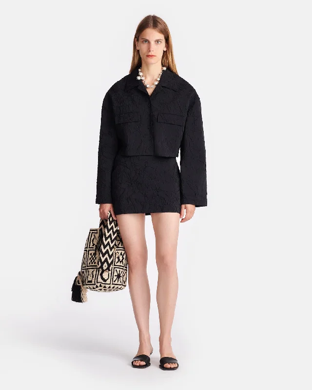 Women's Luxe Velvet Mini Dress-Cersei - Sculpted Glass Poplin Mini Skirt - Black
