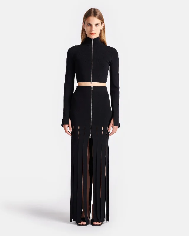 Women's Plunging Neck Mini Dress-Triana - Fringed Mini Skirt - Black