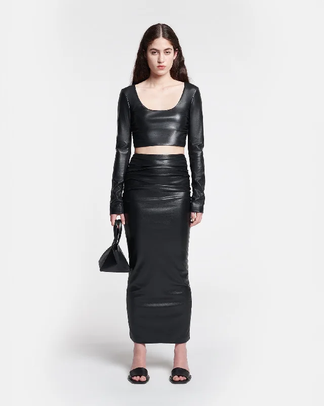 Women's Ruffle Sleeve V-neck Midi Dress-Hester - Ruched Okobor™ Alt-Leather Midi Skirt - Black Women's Ruffle Sleeve V-neck Midi Dress-Hester - Ruched Okobor™ Alt-Leather Midi Skirt - Black