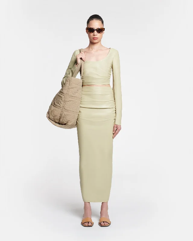 Women's Pleated Bodycon Midi Dress-Hester - Ruched Okobor™ Alt-Leather Midi Skirt - Pale Olive Women's Pleated Bodycon Midi Dress-Hester - Ruched Okobor™ Alt-Leather Midi Skirt - Pale Olive