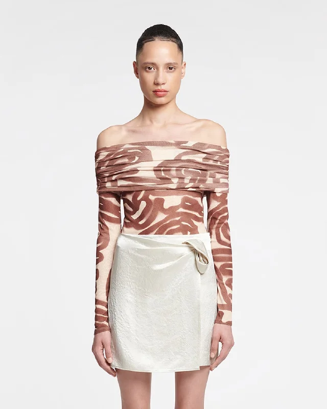 Women's Boho Ruffle Mini Dress-Kole - Ruched Crinkled-Satin Mini Skirt - Ecru