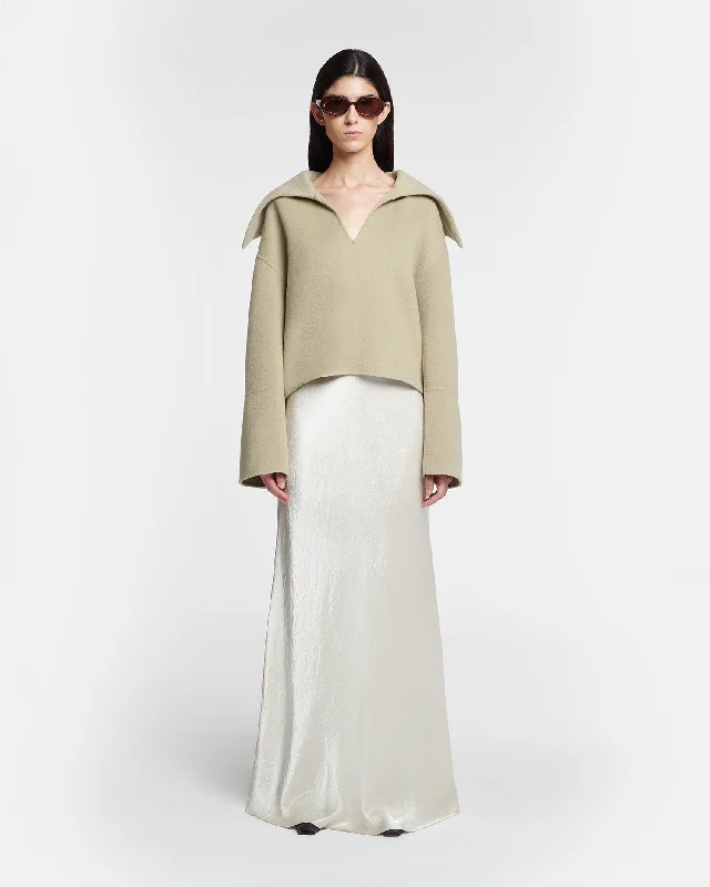 Women's Open Shoulder Midi Dress-Fea - Crinkled-Satin Midi Skirt - Ecru