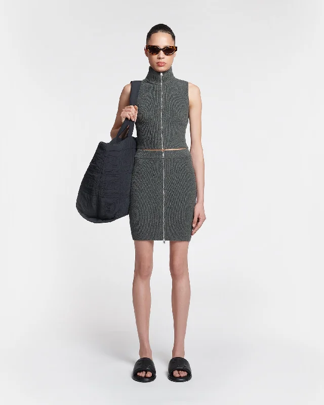 Women's Leather Mini Dress-Isul - Zip-Up Terry-Knit Mini Skirt - Graphite
