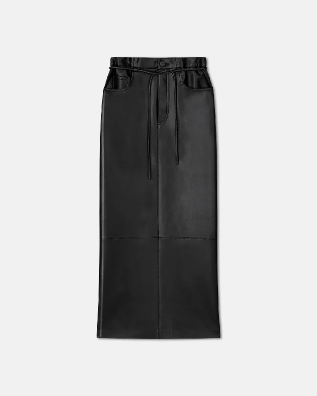 Women's Semi-formal Maxi Dress-Kadence - Belted Regenerated Leather Maxi Skirt - Black