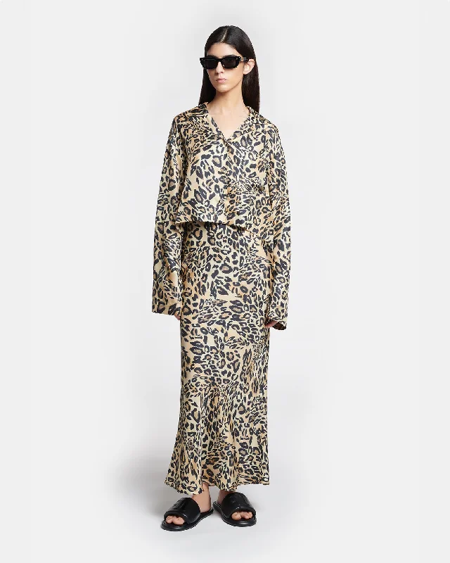 Women's Ribbed Stretch Midi Dress-Sabeen - Printed Twill-Silk Midi Skirt - Leopard