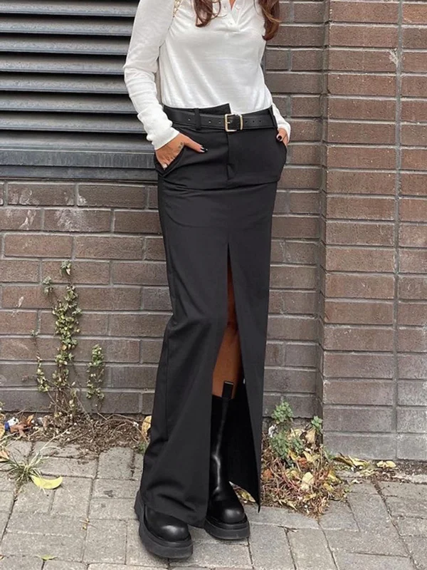 Women's Open-back Ruffle Maxi Dress-BerryBetty - Oblique Waistband Pockets Slit Maxi Skirt