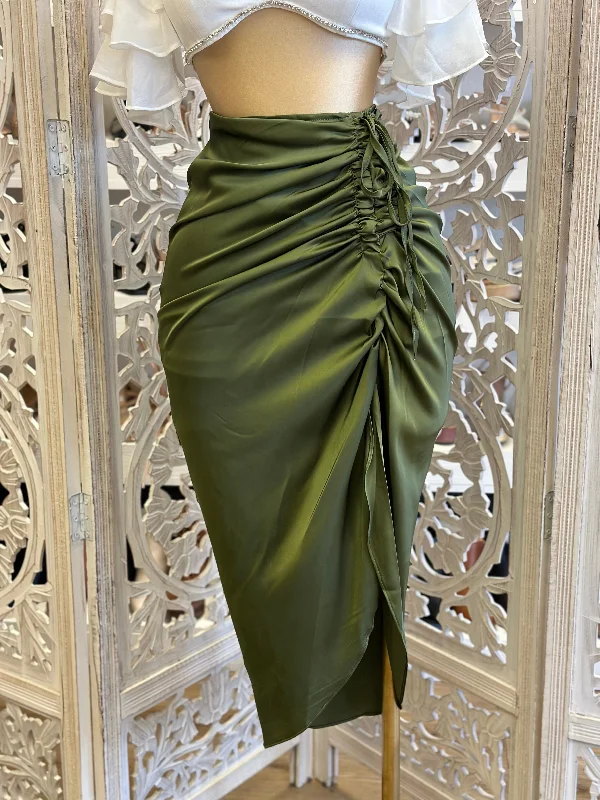 Women's Polka Dot Pleated Midi Dress-Olive Ruched Satin Midi Skirt- Stretchy