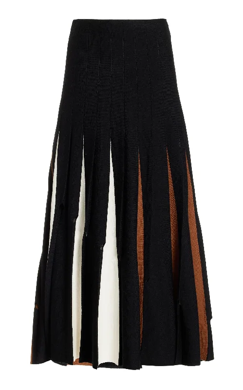 Women's Simple Midi Dress-Olya Pleated Knit Midi Skirt in Black Multi Merino Wool