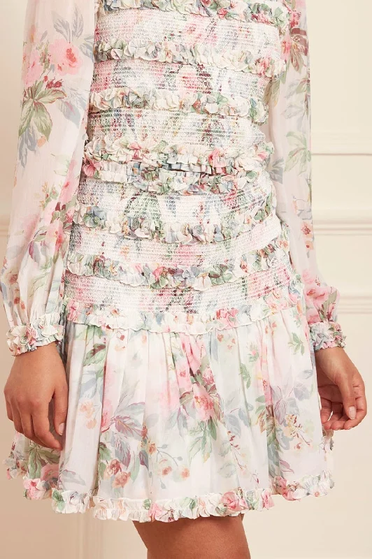 Women's Bell Sleeve Mini Dress-Paradise Garden Maria Chiffon Micro Mini Skirt