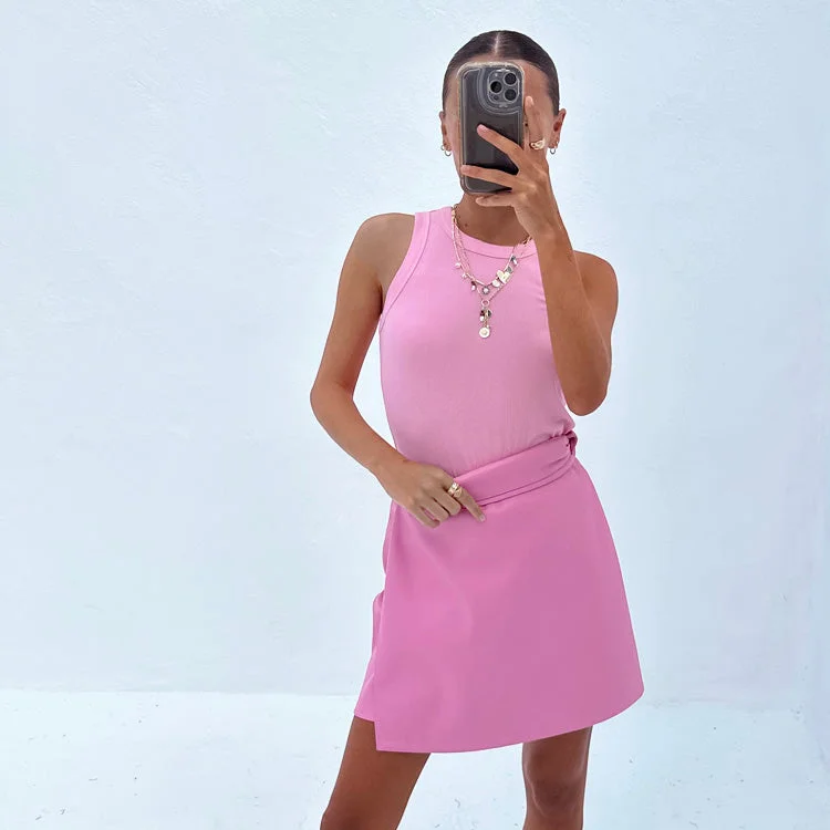 Women's Waist Tie Mini Dress-Pink Vegan Leather Mini Jaspre Skirt