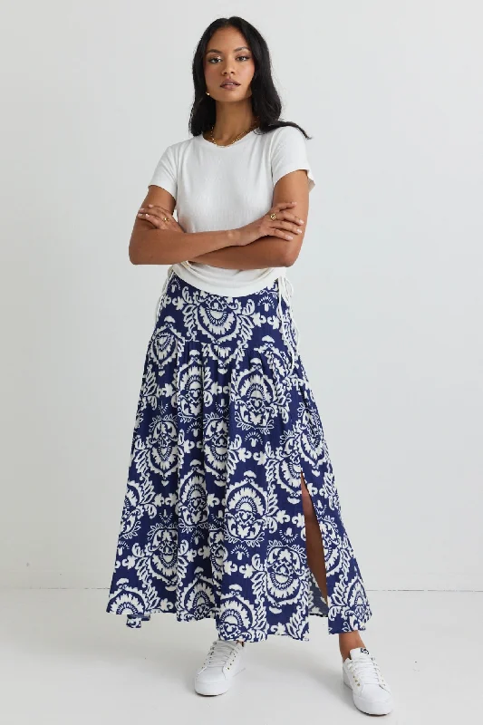 Women's Elastic Waist Maxi Dress-Pisces Navy Tile Print Tiered Split Front Maxi Skirt