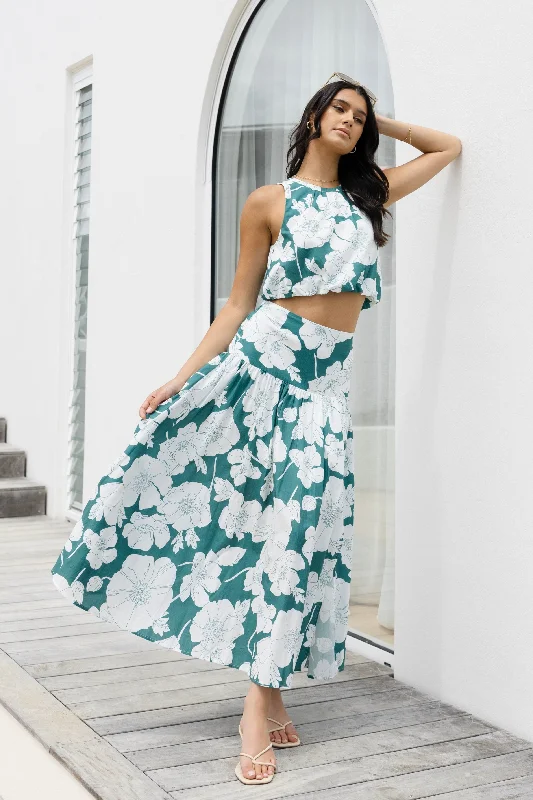Women's Belted A-line Maxi Dress-Pisces Ocean Floral Tiered Split Front Maxi Skirt