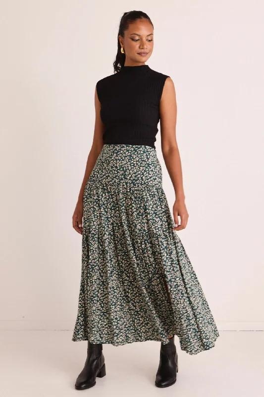 Women's Soft Jersey Maxi Dress-Playful Forest Ditsy Elastic Back Tiered Maxi Skirt