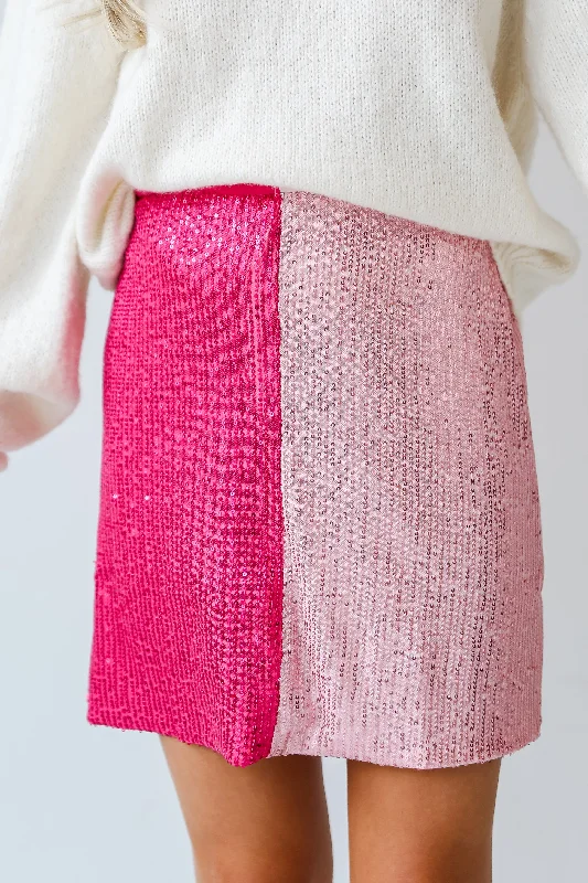 Women's Mini Dress with Belt-FINAL SALE - Ready To Sparkle Fuchsia Color Block Sequin Mini Skirt