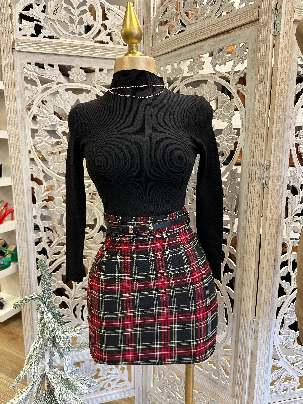 Women's Lace Overlay Mini Dress-Red plaid Mini Skirt with Belt