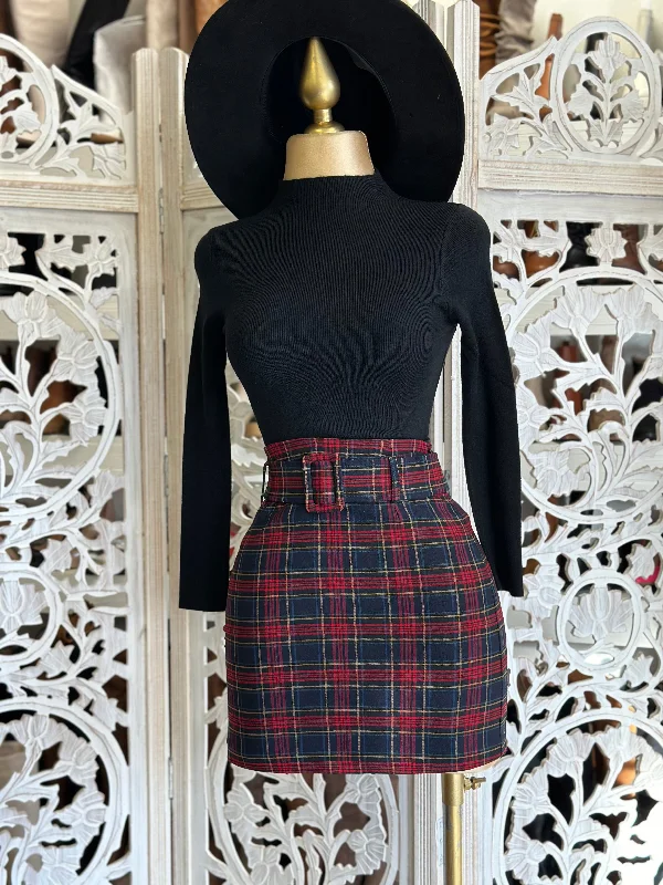 Women's Sleeveless Sheath Mini Dress-Red plaid Mini Skirt with Thick Belt