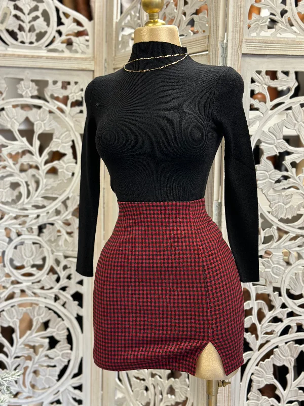 Women's Wide Collar Mini Dress-Red plaid Mini Skirt