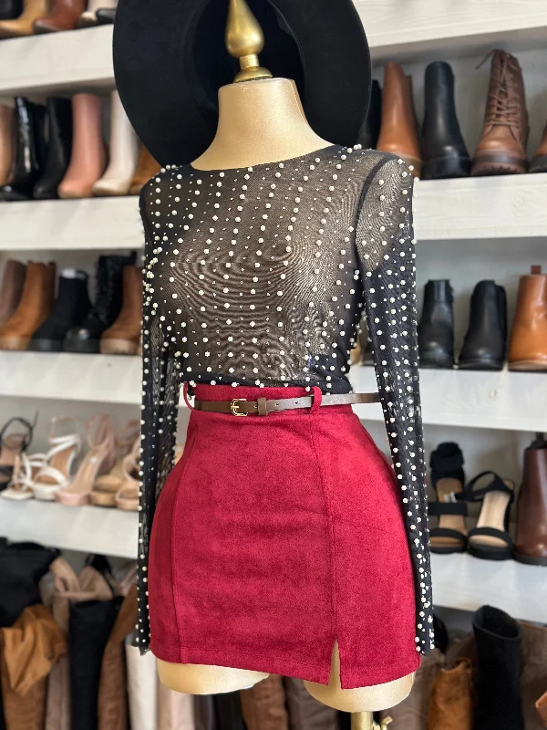 Women's High-Low Hem Mini Dress-Red Suede Mini Skirt with Belt