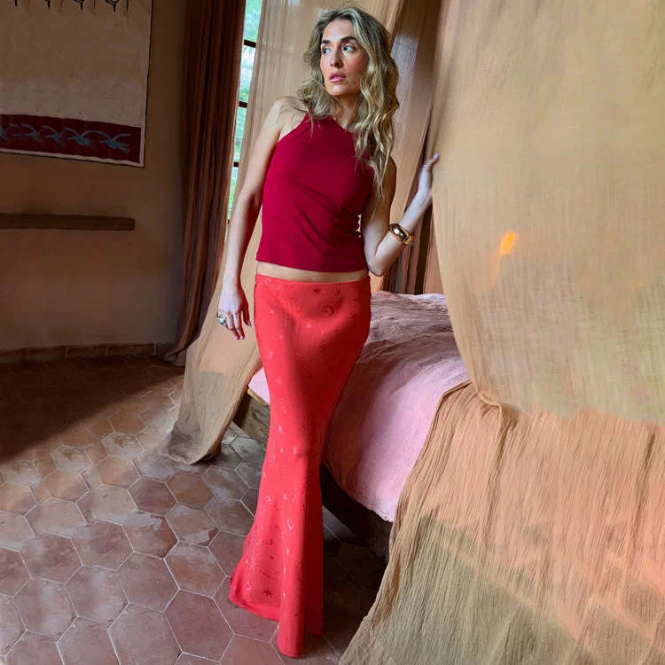 Women's One Shoulder Maxi Dress-Red Swallow Romance Maxi Dorris Skirt