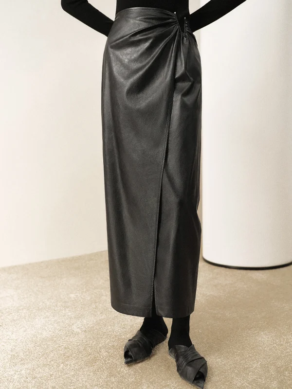 Women's Button-down Maxi Dress-BerryBetty - Ring Detail Leather Maxi Skirt
