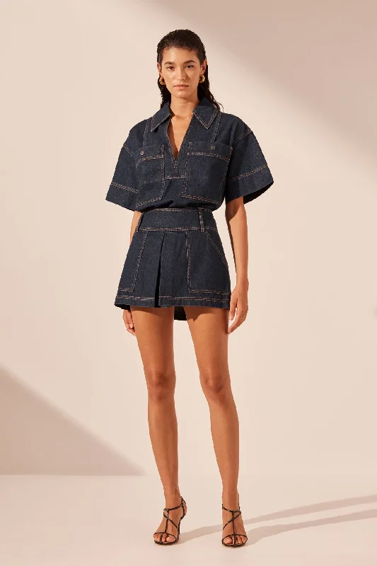 Women's Casual Ribbed Bodycon Mini Dress-RITA PLEAT MINI SKIRT - DEEP INDIGO