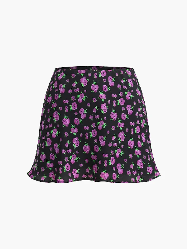 Women's Satin Button-up Mini Dress-BerryBetty - Rosa Rugosa Floral Zippered Mini Skirt Women's Satin Button-up Mini Dress-BerryBetty - Rosa Rugosa Floral Zippered Mini Skirt