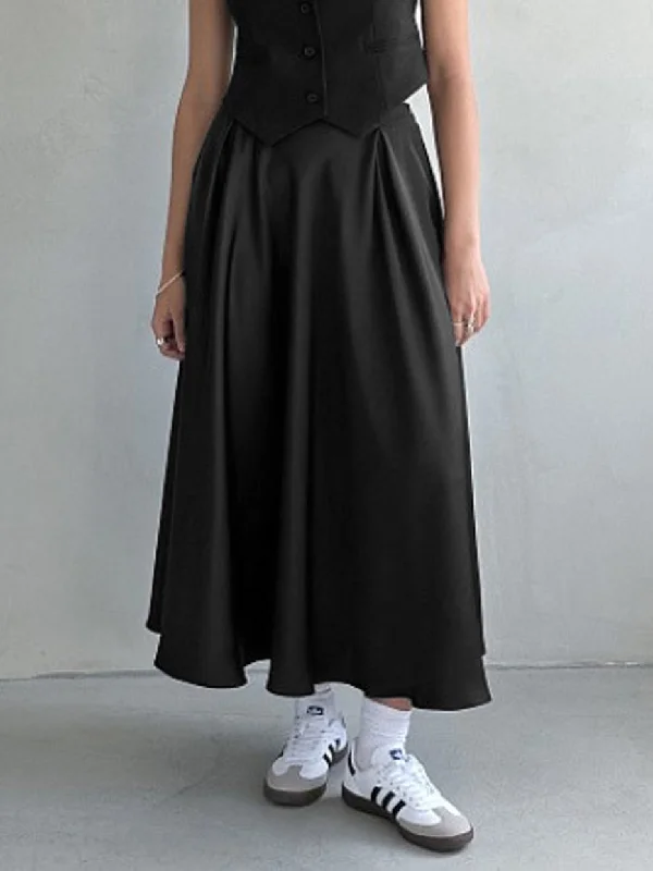 Women's A-line Ruffle Maxi Dress-BerryBetty - Satin Elastic Waistband Zippered Flowy Maxi Skirt
