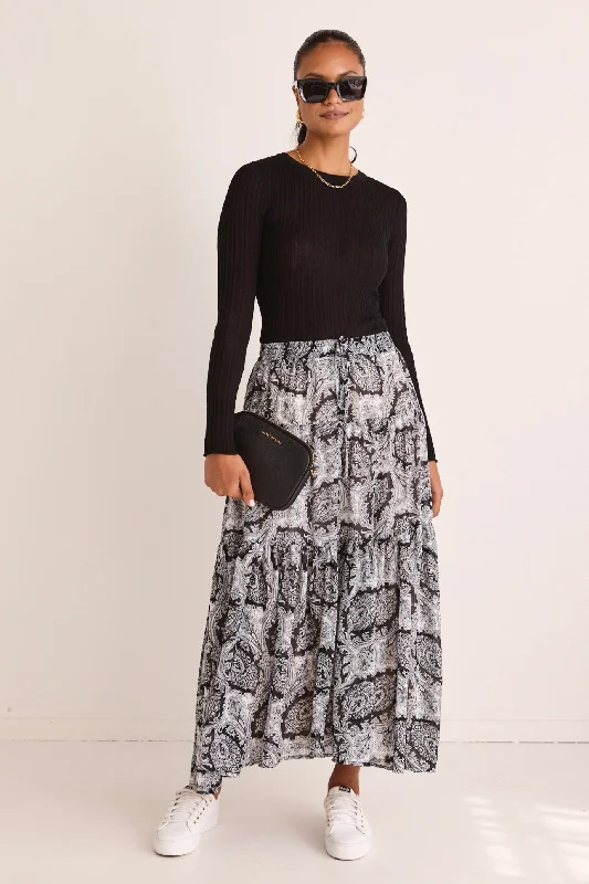 Women's Sweetheart Neckline Maxi Dress-Sensational Black Paisley Tiered Drawstring Maxi Skirt