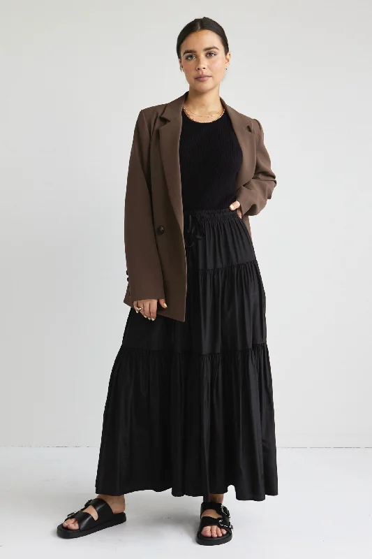 Women's Draped Sleeve Maxi Dress-Sensational Black Tiered Satin Tie Waist Maxi Skirt