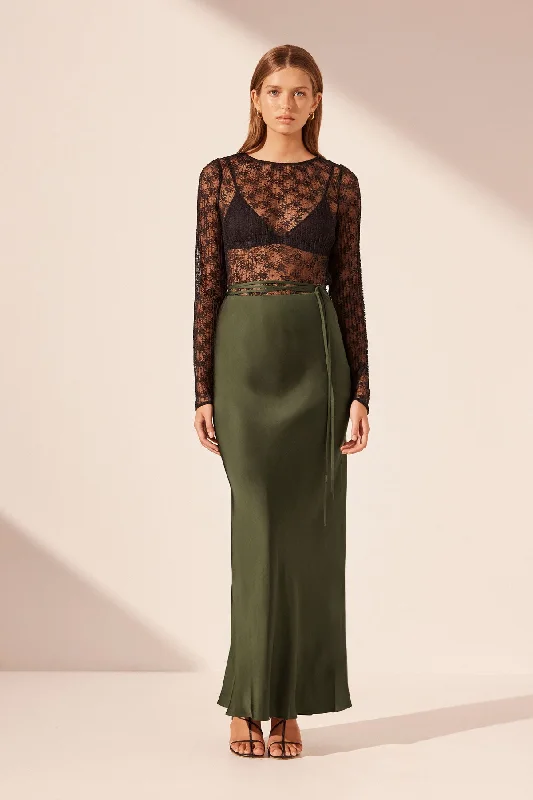 Women's Belted Floral Maxi Dress-SHAE BIAS TIE MAXI SKIRT - PINE GREEN