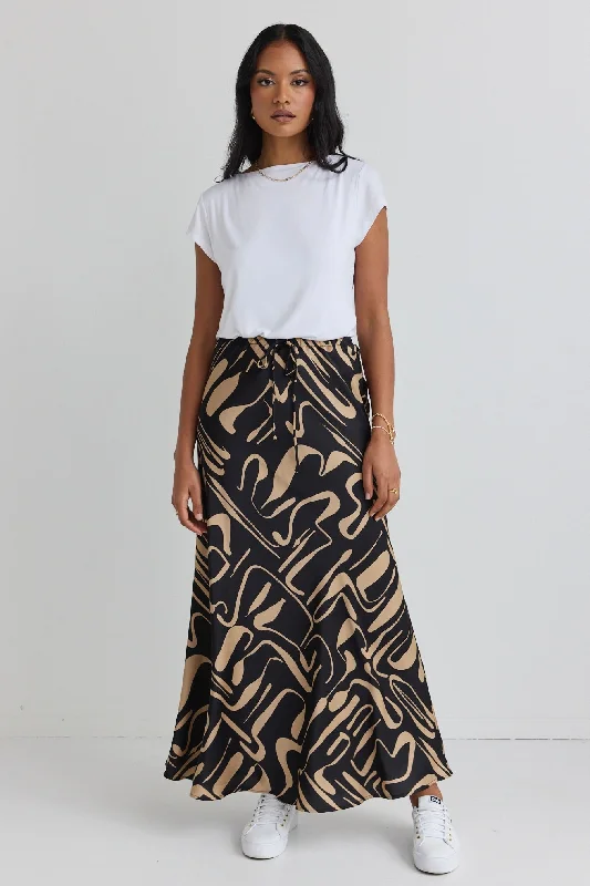 Women's Long Sleeve Maxi Dress-Sharp Black Caramel Abstract Tie Waist Bias Satin Maxi Skirt