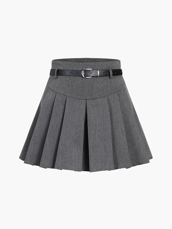 Women's Sheath A-line Mini Dress-BerryBetty - Shine On Belted Pleat Mini Skirt