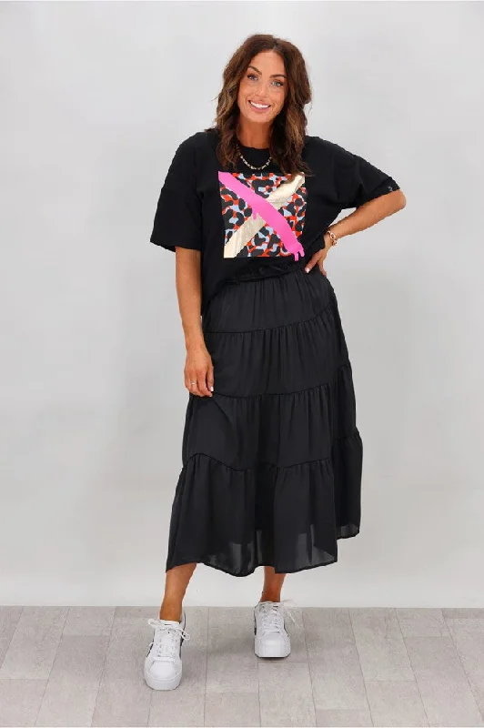 Women's Lace Trimmed Midi Dress-Shine On Label Bonnie Satin Tiered Midi Skirt Black