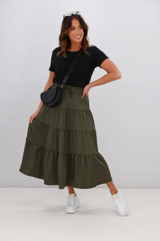 Women's Casual Shift Midi Dress-Shine On Label Bonnie Satin Tiered Midi Skirt Olive