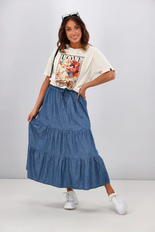 Women's Soft Midi Dress-Shine On Label Polly Chambray Tiered Midi Skirt Blue