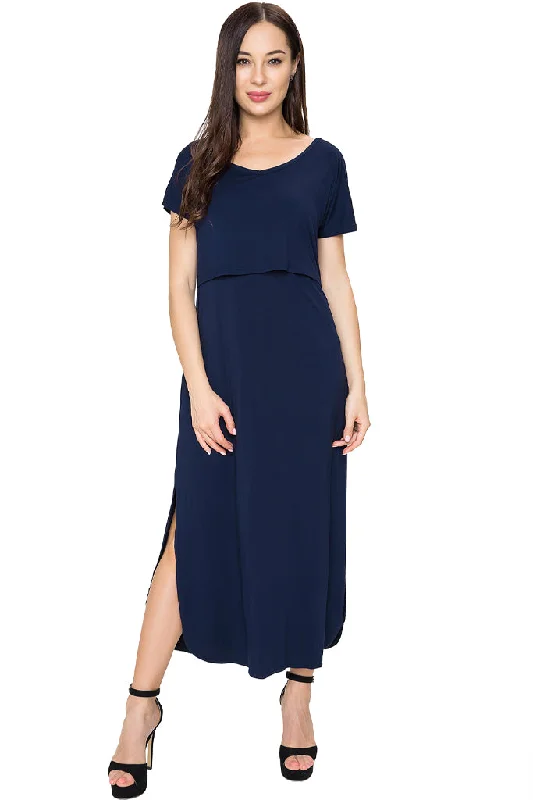 Women's Denim Maxi Dress-Smallshow Short Sleeve Nursing Maxi Dresses