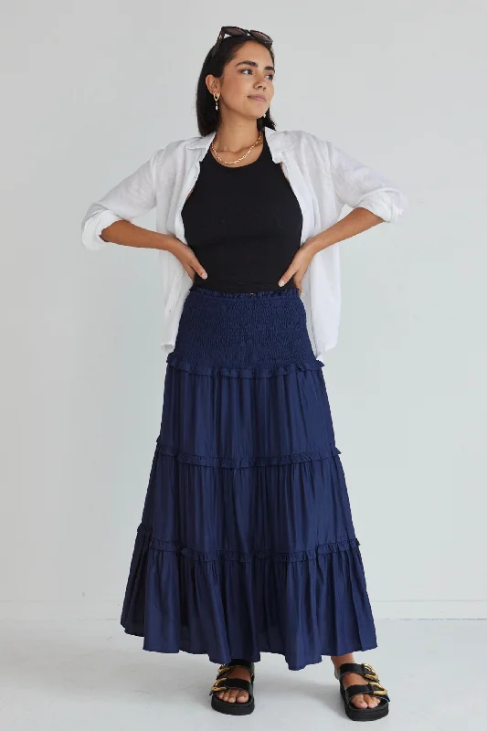 Women's Elegant Long Dress-Soaring High Navy Washer Satin Shirred Waist Tiered Maxi Skirt