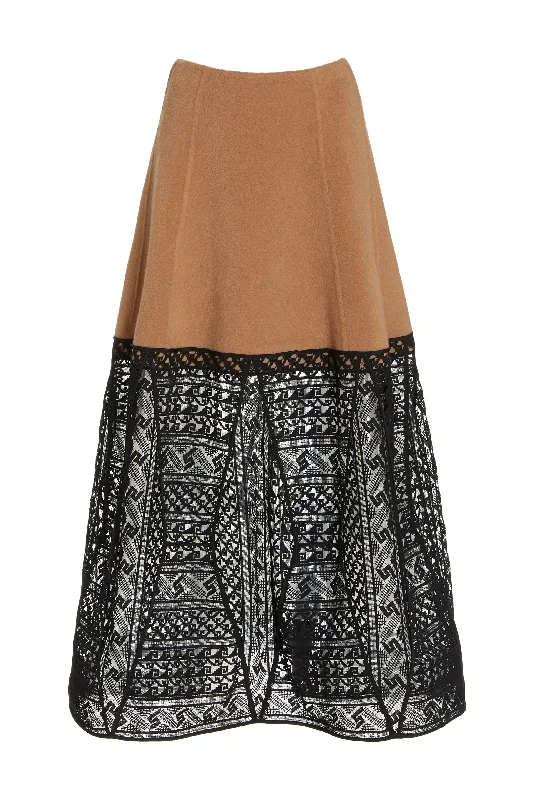 Women's Cropped Sleeve Midi Dress-Sorvino Lace Midi Skirt in Camel Double-Face Recycled Cashmere Women's Cropped Sleeve Midi Dress-Sorvino Lace Midi Skirt in Camel Double-Face Recycled Cashmere