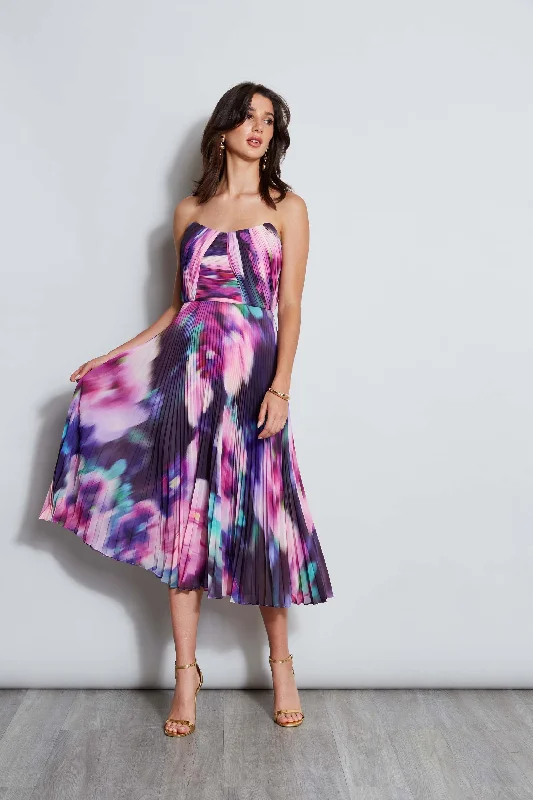 Women's Polka Dot Sleeveless Midi Dress-Strapless Pleated Print Midi Dress