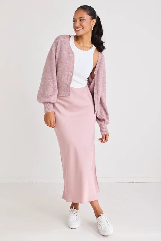 Women's Flutter Sleeve Midi Dress-Stunning Blush Satin Side Split Bias Midi Skirt