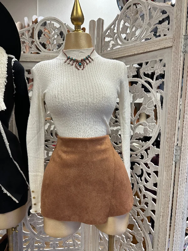 Women's Bodycon Mini Dress-Suede Brown Mini Skort