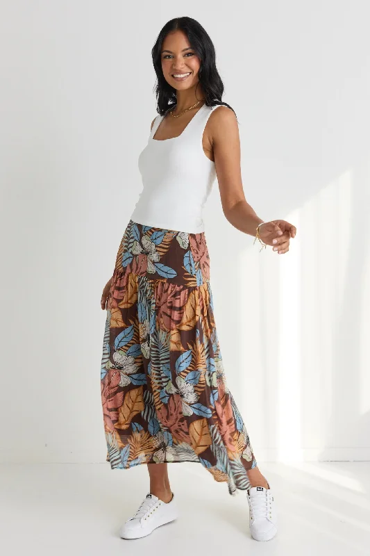 Women's Cap Sleeve Midi Dress-Sway Tropical Chocolate Print Flat Basque Midi Skirt
