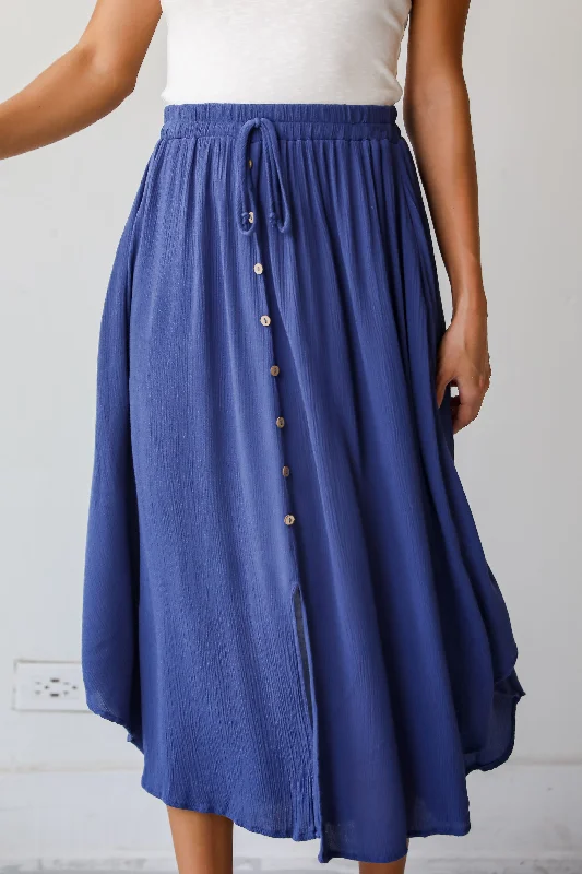 Women's Chiffon Sleeved Midi Dress-Sweetly Sophisticated Blue Button Front Midi Skirt Women's Chiffon Sleeved Midi Dress-Sweetly Sophisticated Blue Button Front Midi Skirt